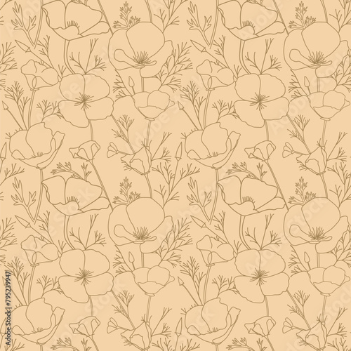 Obraz na płótnie brown ornament with Eschscholzia flowers. Poppies - vector beige decorative seamless pattern w salonie