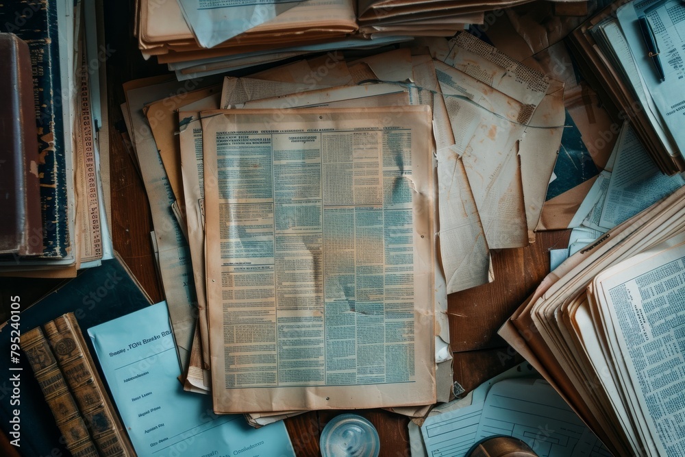 A collection of old, yellowed papers and books stacked untidily on a wooden surface, suggesting study or research A collection of old, yellowed papers and books stacked untidily on a wooden surface, suggesting study or research