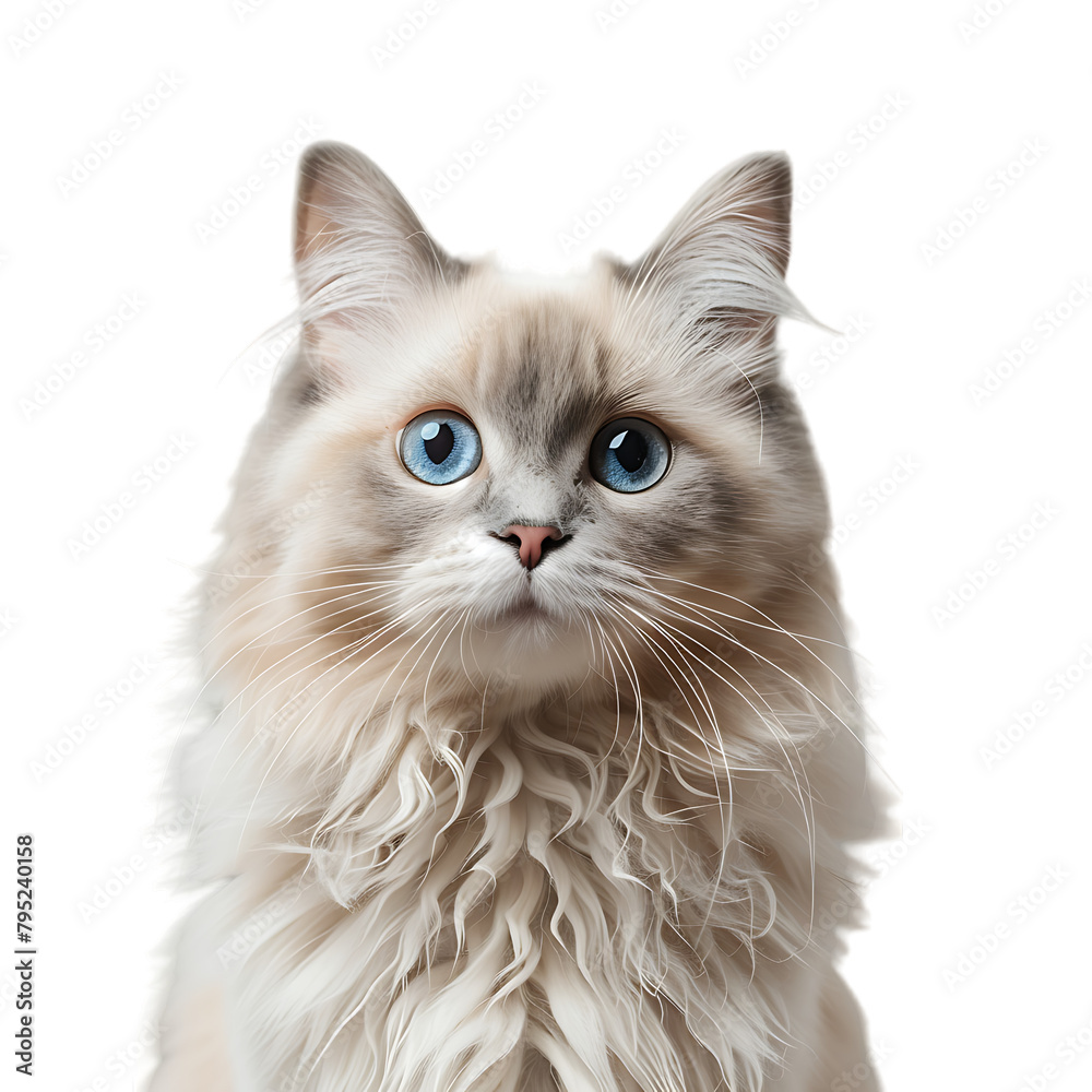 A white cat with blue eyes and long fur looks at the camera.