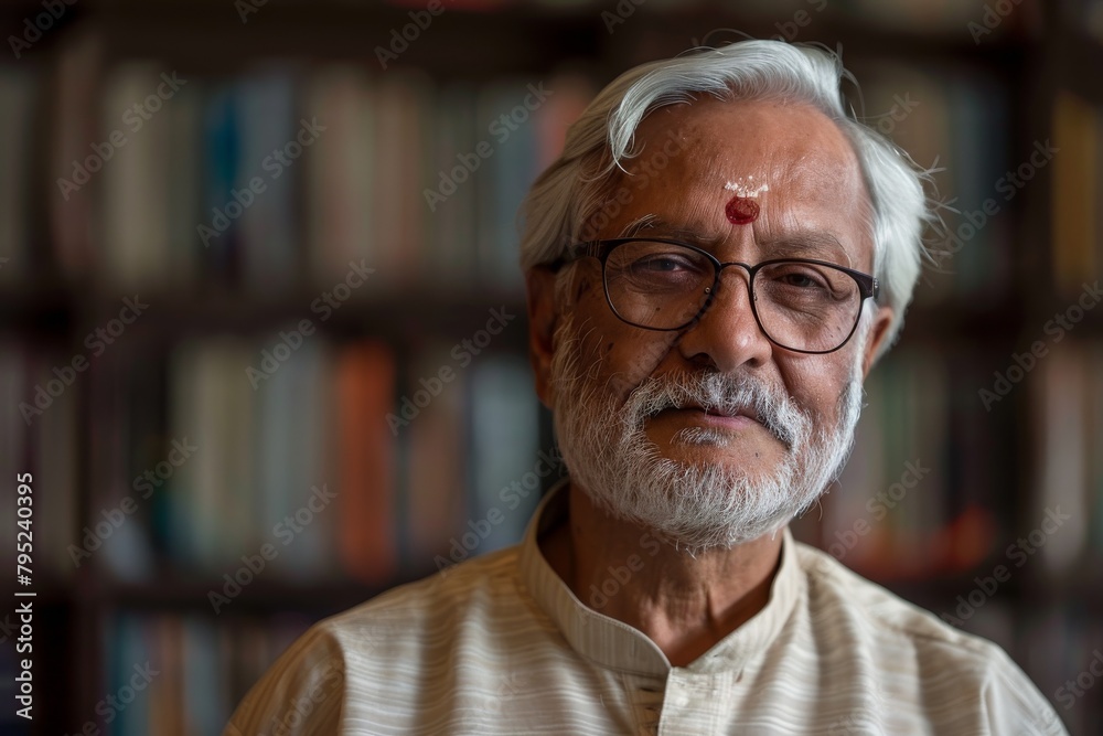 The image captures a dignified elderly man with white hair and traditional Indian garments against a background of bookshelves The image captures a dignified elderly man with white hair and traditional Indian garments against a background of bookshelves