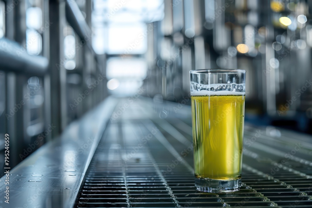 Glass with beer or cider on production line of factory or brewery. Generative AI Glass with beer or cider on production line of factory or brewery. Generative AI