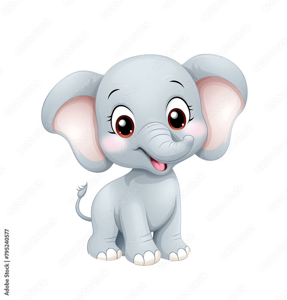 A heartwarming baby elephant cartoon with big, friendly eyes, and a playful expression on a pristine white background. Generative AI