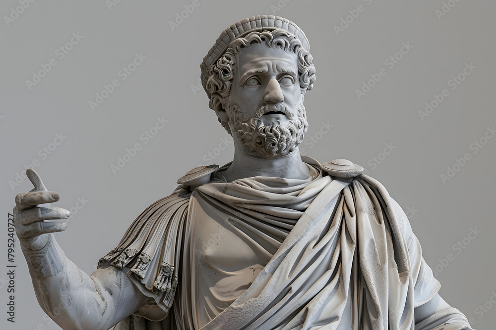 A sculpture of a Roman senator in oration, authoritative and expressive, set against a governance grey pastel background, representing leadership and rhetoric