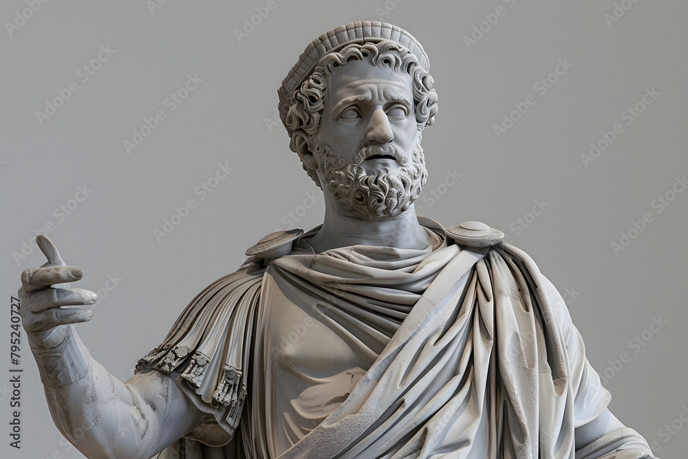 Obraz premium A sculpture of a Roman senator in oration, authoritative and expressive, set against a governance grey pastel background, representing leadership and rhetoric