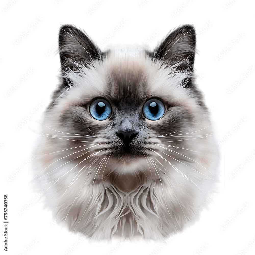 A white cat with blue eyes and a fluffy coat looks directly ahead.
