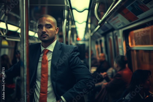 A serious businessman with a red tie is looking pensively while riding in a subway train