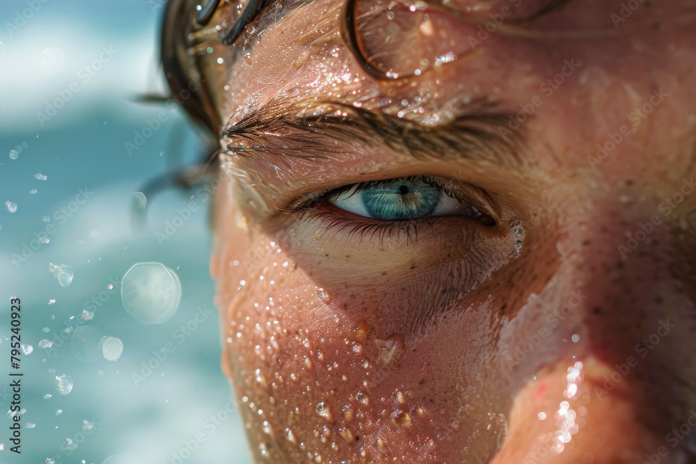 Intense close-up of a man’s face with water droplets and bright blue eyes Intense close-up of a man’s face with water droplets and bright blue eyes