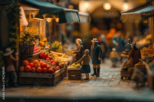Miniature Fresh Food Market Scene with Shoppers, Daily Life in the City Concept