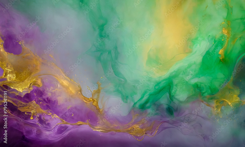 Swirling smoky purple, green, yellow and golden paints converge in a mesmerizing marbled pattern, forming an abstract background. This fluid smoke painting exudes dynamic energy.
