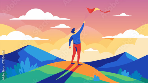 A man stands atop a hill arms outstretched as his large kite reaches astonishing heights and catches the sunlight in its brightly colored