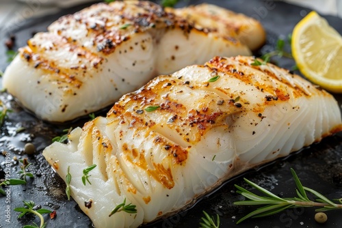 Fine dining chef cooking grilled fish filet in creamy lemon butter or cajun spicy sauce with herbs