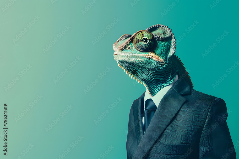 A creative chameleon in a marketing director's suit, blending into various branding elements, set against a dynamic teal background with copy space at the top, symbolizing adaptability in marketing A creative chameleon in a marketing director's suit, blending into various branding elements, set against a dynamic teal background with copy space at the top, symbolizing adaptability in marketing