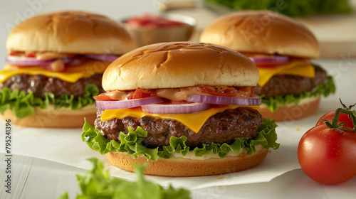 Juicy beef burgers sizzling on the grill, topped with melted cheese, crisp lettuce, and ripe tomatoes, presented elegantly on a white surface, showcasing the irresistible appeal of BBQ fare.