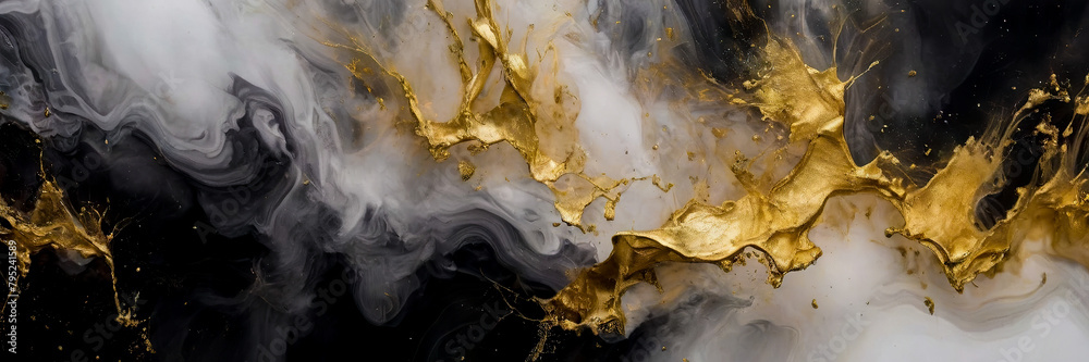Banner - smoky black, gold and white paints merge in a marbled liquid pattern, creating an abstract background. This fluid smoke painting showcases an intriguing mix of colors.