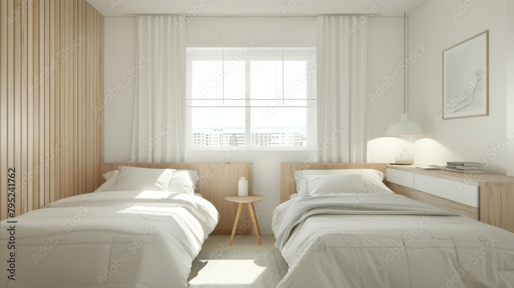 Serene and stylish guest room with Scandinavian design, featuring two single beds and wooden accents Serene and stylish guest room with Scandinavian design, featuring two single beds and wooden accents