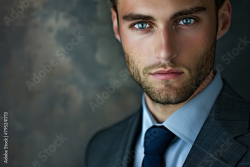 Stylish young man with striking appearance in a suit posing before a rustic textured wall