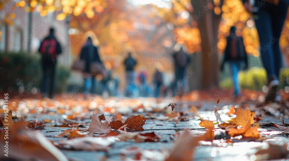 A group of people walking down a path with leaves on the ground