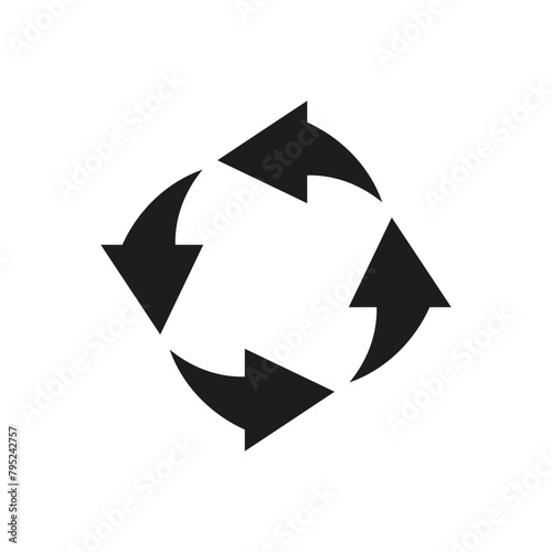 Semicircular arrows rotate. Following each other in a circle. Rotating semi circle bold arrows. Vector symbol. 