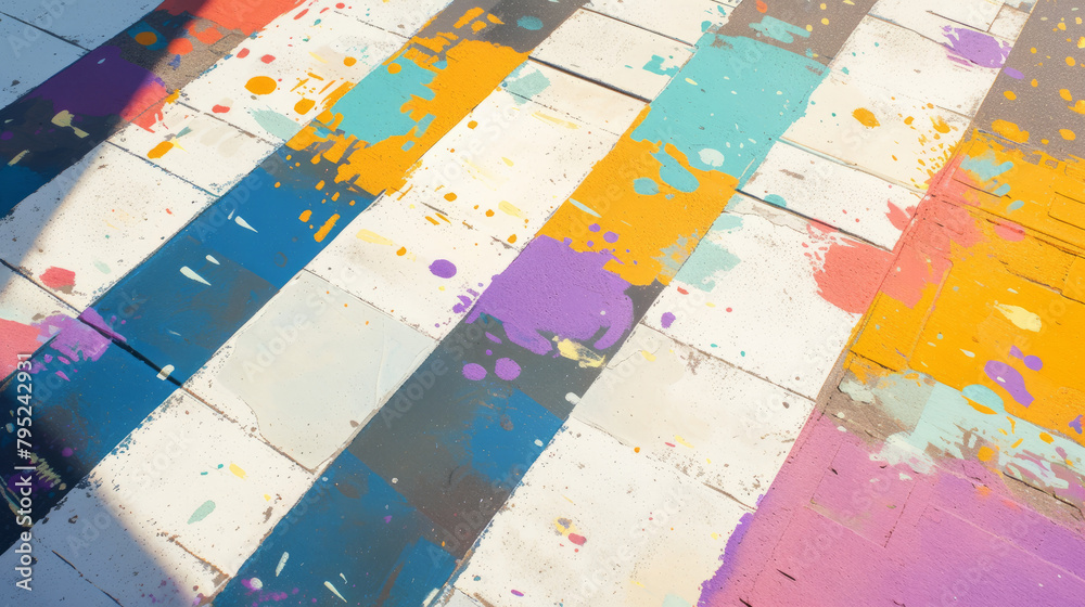 Fototapeta premium Splashes of paint on a city sidewalk, depicting a mix of colors spread out in random designs