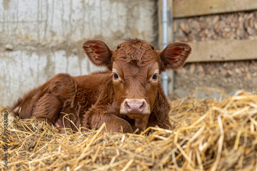 A newborn Limousin calf viewed from the front in a shed enclosure with cement walls and straw bedding. Ideal for agricultural promotions, showcasing livestock breeding, and farm animal care A newborn Limousin calf viewed from the front in a shed enclosure with cement walls and straw bedding. Ideal for agricultural promotions, showcasing livestock breeding, and farm animal care