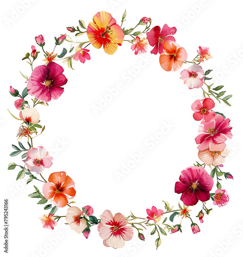 Watercolor floral wreath with pink flowers and green leaves isolated on white background.