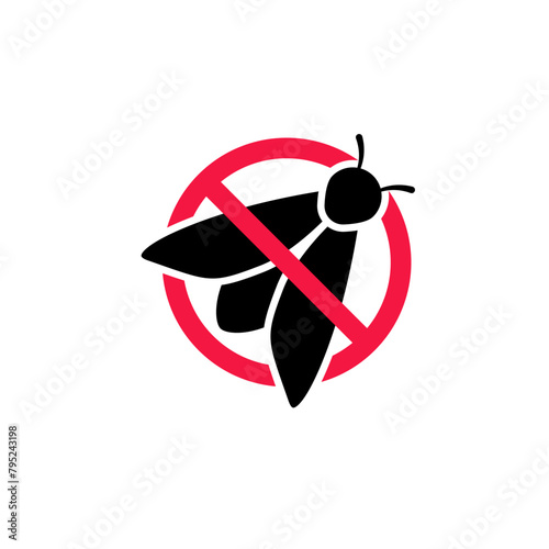 Crossed out silhouette of a clothes moth. Pest prohibition sign. Insects control and extermination. Vector symbol on white background.