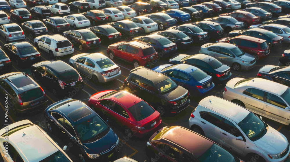 Fototapeta premium A large parking lot with many cars, including a red car