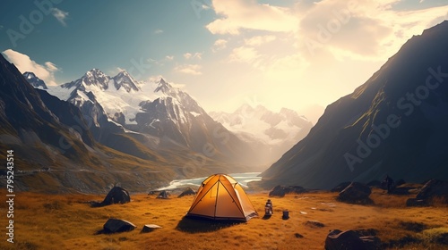Tourist camp in the mountains, tent in the foreground.