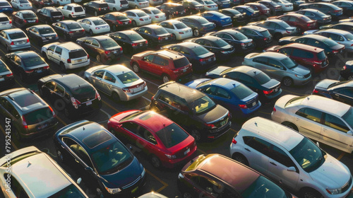 A large parking lot with many cars, including a red car