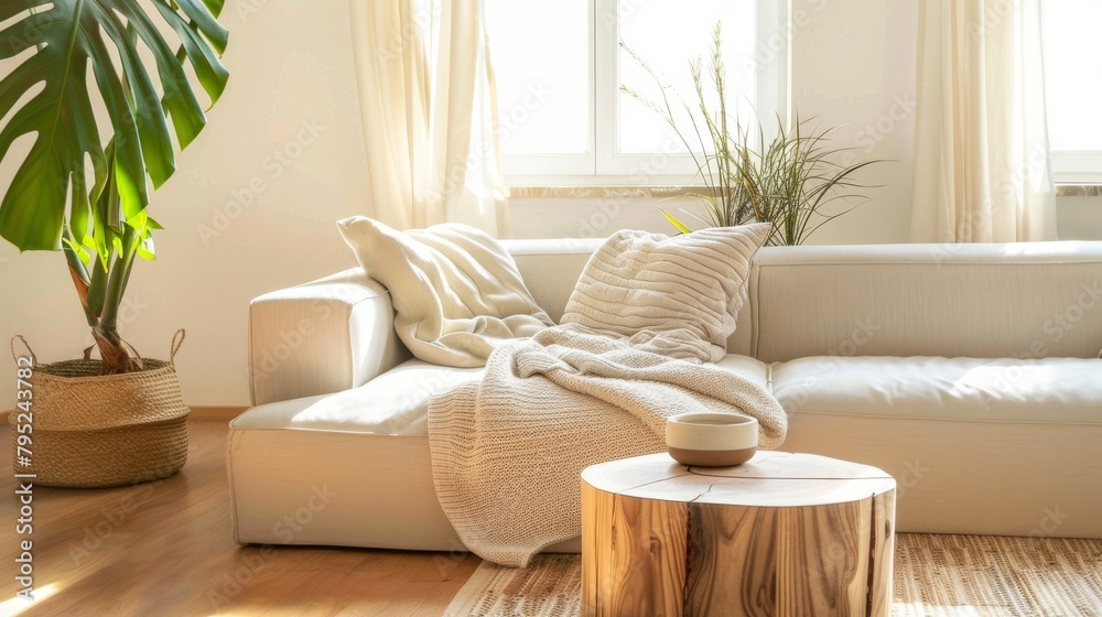 Sunlit cozy minimalist living room with comfortable white sofa and natural decor