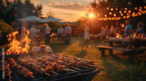 Friends and family savor kebabs at a cozy backyard barbecue during a beautiful sunset gathering