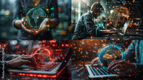 AI technology illustration  a businessman using a laptop with a globe on a virtual screen.New technologies.