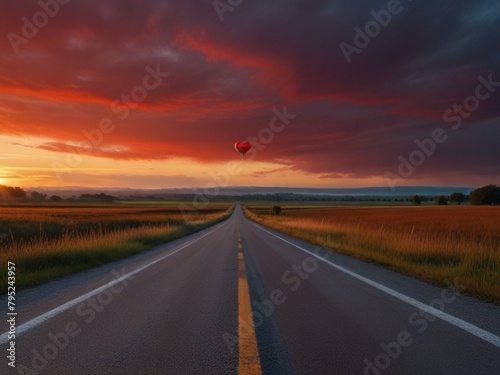  Red heart shaped sky at sunset. Beautiful landscape with road and clouds.Love background with copy space. Road to love  photo