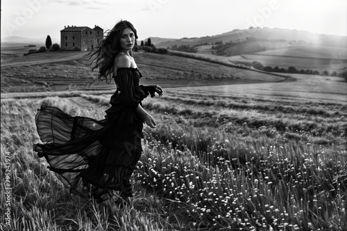 jeune femme en robe noire dans un paysage de campagne en Toscane