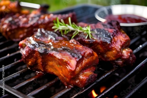 delicious tasty american style pork ribs with bbq sauce on the grill