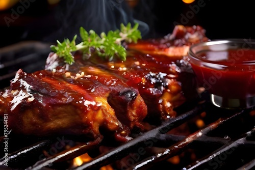 delicious tasty american style pork ribs with bbq sauce on the grill
