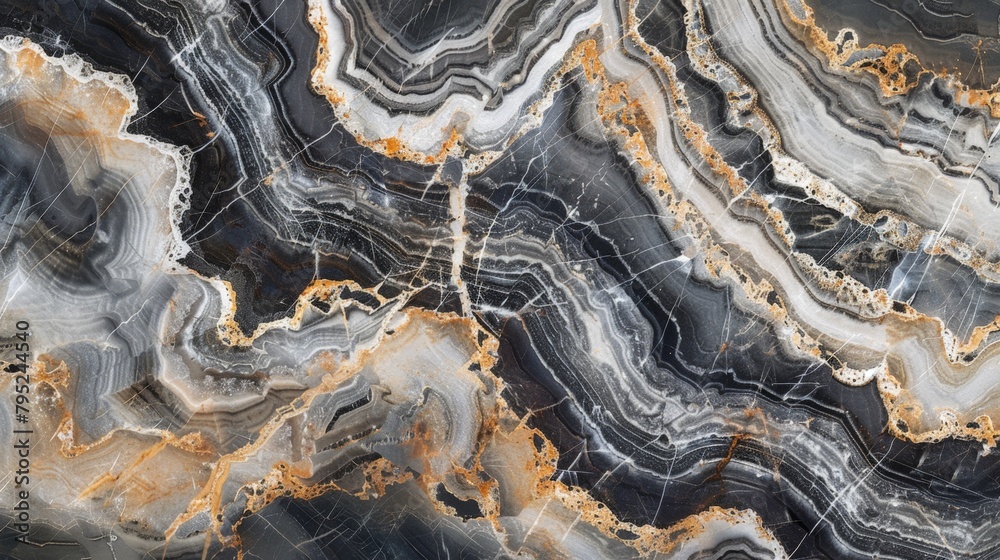 Close up of black and gold marble slab with intricate line pattern