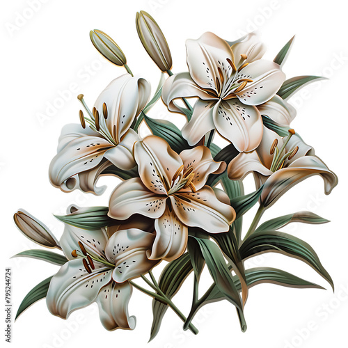  Elegant white lilies illustration, beautiful bouquet, white background.