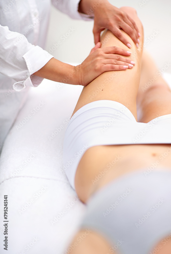 Woman, spa and leg massage for skincare, health and physical therapy for wellbeing break. Lady, detox and muscle treatment for body care, stress relief and zen for peaceful beauty or wellness Woman, spa and leg massage for skincare, health and physical therapy for wellbeing break. Lady, detox and muscle treatment for body care, stress relief and zen for peaceful beauty or wellness