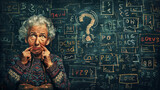 old woman with Confusion: Furrowed brow, puzzled expression, lost in a labyrinth of uncertainty.