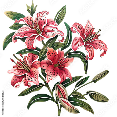 Pink lilies, elegant floral illustration, beautiful design, white background.