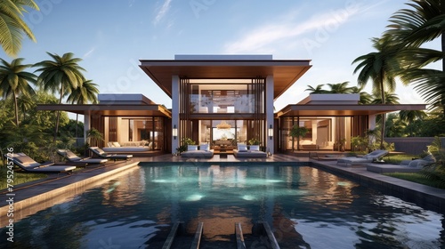 Magnificent pool villa with stunning modern architecture, digital art, real estate, and property ge