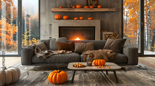 Autumn interior of living room with grey sofa fireplace © Black