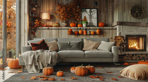 Autumn interior of living room with grey sofa fireplace © Black