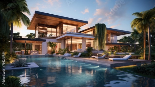 Magnificent pool villa with stunning modern architecture, digital art, real estate, and property ge © Faiqa