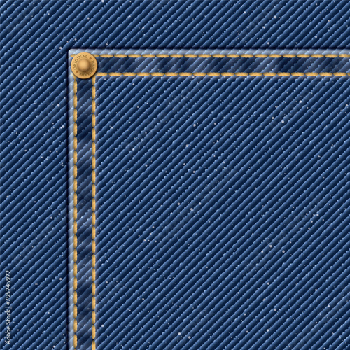 Denim blue jean textile pattern background with gold seams and brass pin vector illustration.