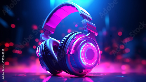 Colorful Headphones on Vivid Neon Color Abstract Background. Retro wave composition.