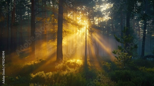 Sunlight filtering through dense forest trees and tall grass © 2rogan