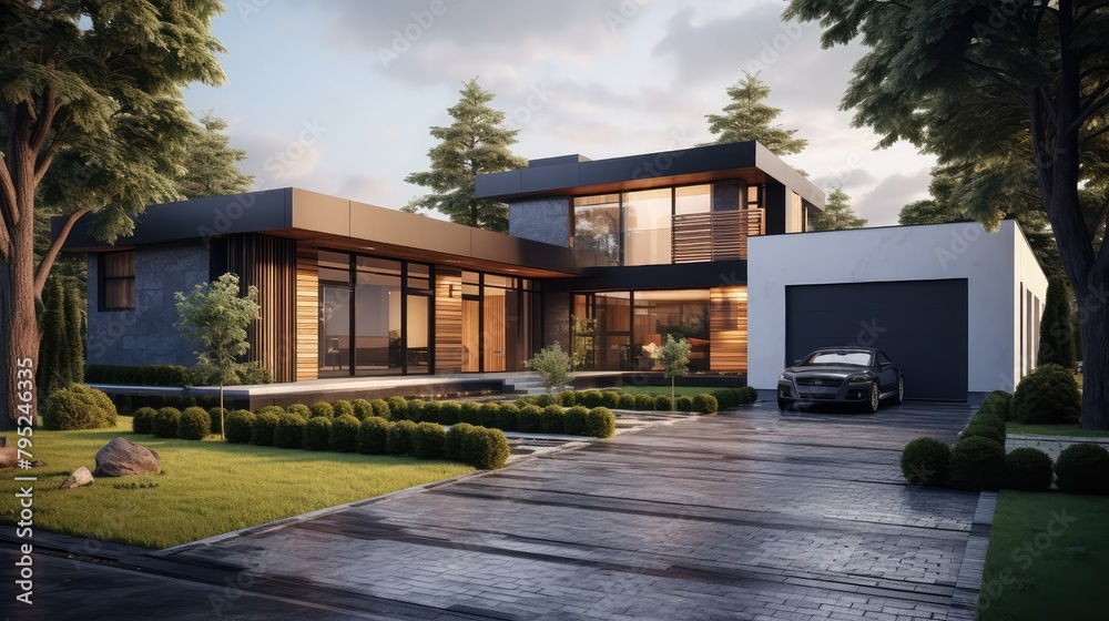 Modern house with garden and garage. 3d rendering. Modern house with garden and garage. 3d rendering.