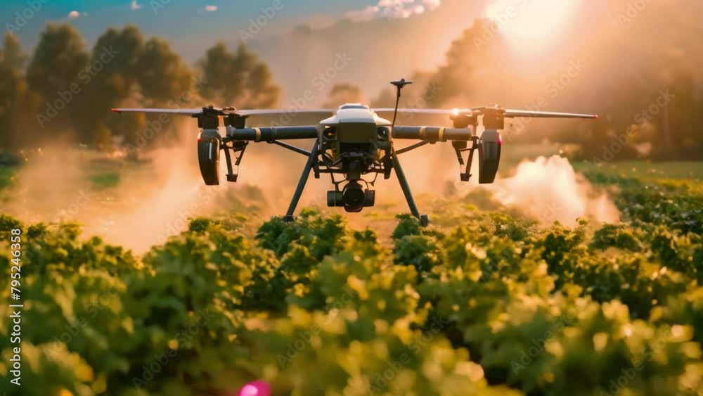 Drone Spraying Crops at Sunset: Agricultural Innovation Meets Nature. Concept Agricultural Innovation, Drone Technology, Crop Spraying, Sunset Photography, Nature Conservation